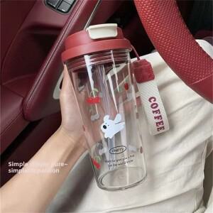 휴대용 여름 플라스틱 워터컵 체리 강아지 디자인 고급스러운 빨대컵 학생용 평평한 바닥 컵