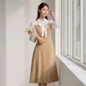 [시크라인] (~XXL까지) 아덴나 카라 타이넥 플레어 원피스 봄 가을 하객룩 오피스룩 모임룩 격식룩 빅사이즈