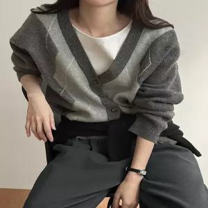 [제작] 파율 브이넥 아가일 루즈핏 가디건 86109 빅사이즈 여성의류