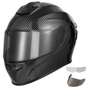 2개의 바이저와 김서림 방지 필름이 장착된 파보토 풀페이스 모터사이클 헬멧, 성인 남성용 스트리트 바이크 헬멧(블랙 앤 카본 파이버, M-XL) 승인