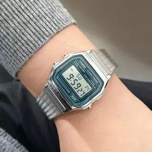 카시오 빈티지 남녀공용 우븐 메시 전자 메탈시계 A158WEM-3