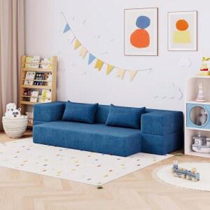 루샤오 75인치 접이식 이불 소파 침대 2-in-1 컨버터블 바닥 소파, 2개의 베개가 있는 의자, 거실, 손님, 놀이방, 아파트 트윈, 네이비 블루