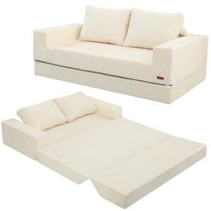 COMAX 컨버터블 소파 침대 퀸, 코듀로이 접이식 바닥 베개가 있는 이불 침대, 뼈 없는 편안한 라운지 매트리스 거실 침실, 베이지색