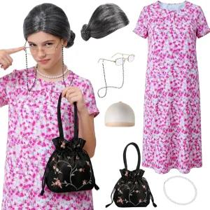 여성을 위한 카레티 할머니 의상 짧은 곱슬머리 가발 캡 안경과 체인 목걸이 핸드백 코스프레 파티를