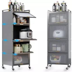 플립업 PC 도어가 있는 5단 풀아웃 주방 수납장 선반 3개가 이동식 좁은 식당 팬트리 욕실 세탁을 위한