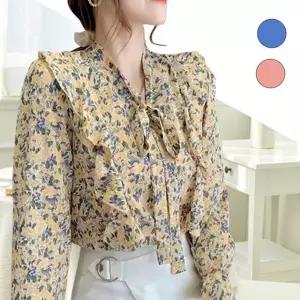 여성 브이넥 블라우스 꽃무늬 쉬폰 폴리에스터 여성 플라워 블라우스 패턴