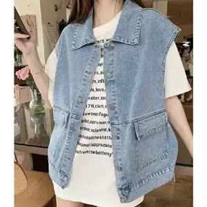 베스트 여성 캐주얼 데님 카라 단추 청 조끼