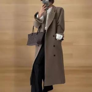 여성 겨울 시즌 연말 코디 카라 넥 더블 버튼 페이크 포켓 롱코트