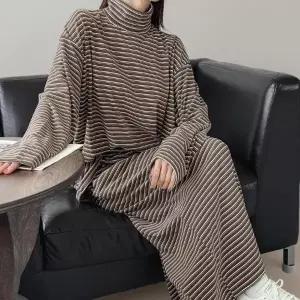 여성 빅사이즈 스트라이프 폴라 티셔츠 기모 롱 스커트 세트