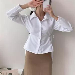 여성 허리 리본 기본 가을 오피스 크롭 셔츠 블라우스