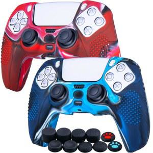 YoRHa PS5 컨트롤러 x 2용 스터드 실리콘 커버 스킨 케이스 (카모플라주 레드+블루) 프로 엄지 그립 10