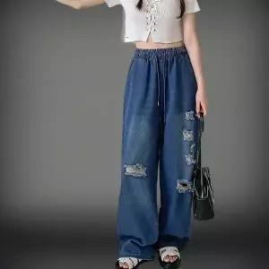 여성 빈티지 여름 와이드 핏 워싱 청바지