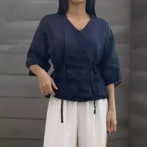 여성용 린넨 브이넥 7부 소매 프릴 블라우스 클래식 스타일