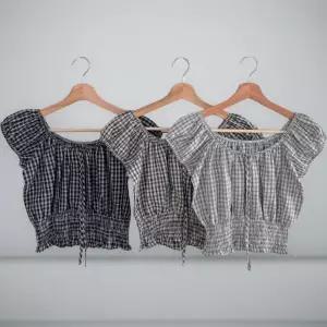 여성 체크 리본 크롭 블라우스 오프숄더 스모크밴딩
