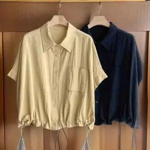 여성용 기본 라운드 밑단 원주머니 오버사이즈 반팔 블라우스