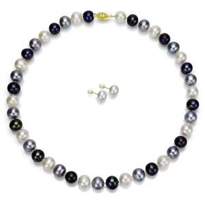 14K 옐로우 골드 7-7.5mm 염색 멀티 다크 담수 배양 진주 목걸이 18인치 및 스터드 귀걸이 세트