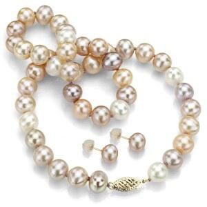14K 옐로우 골드 9-9.5mm 멀티 핑크 담수 배양 진주 목걸이 18인치 및 스터드 귀걸이 세트