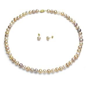 14K 옐로우 골드 6-6.5mm 멀티 핑크 담수 배양 진주 목걸이 18인치 및 스터드 귀걸이 세트
