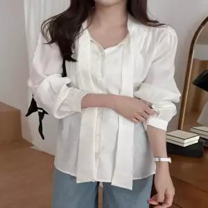 케이린 브이컷 타이 퍼프 블라우스 86114 빅사이즈 여성의류