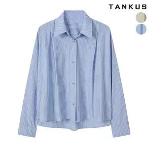 여성 크롭 스트라이프 핀턱 셔츠