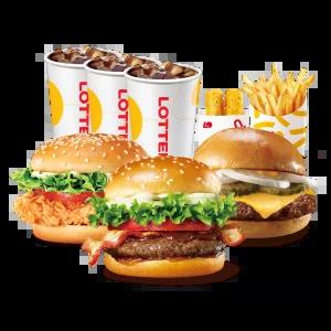 롯데리아 메가데이 3인팩 (리아 불고기베이컨 + 클래식치즈버거 + 핫크리스피치킨버거 + 포테이토R + 치즈스틱 + 콜라R 3잔)