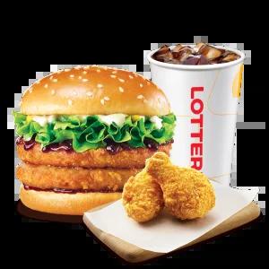 롯데리아 더블치킨버거 1인팩 (더블치킨버거 + 화이어윙2조각 + 콜라R)