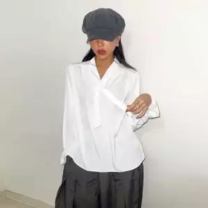 여성 브이넥 무지 타이 블라우스 하객룩 -WBL0033- 봄 가을