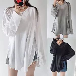 [유야]여성 워싱 면 무지 트임 브이넥 긴팔 롱 티셔츠 STS0415 봄 가을