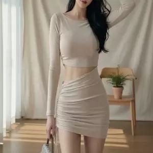 [옷자락]여성 보트넥 긴팔 셔링 허리트임 미니 원피스