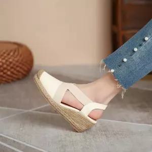 캐주얼 크로스 통굽 신발 스트랩 스트랩샌들 소가죽 웨지힐