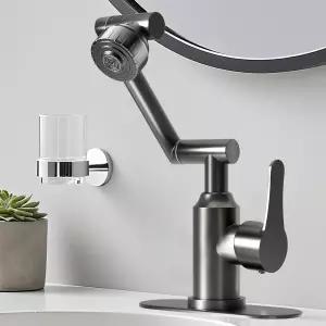 FunAir 리스 스틸 080° 회전식 욕실 세면대 (홀 또는 3홀용) 모던 스타일 싱글 핸들 온수/냉수 호스 포함