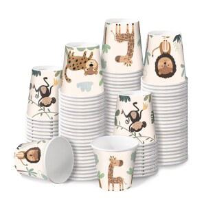 RUSPEPA 욕실 컵 3온스, 일회용 종이컵 - 사랑스러운 동물 100팩 인쇄 원숭이 사자 기린 레오파드 디자인 미니 구강청결제 가정용 욕실, 피크닉, 파티용 헹굽니다