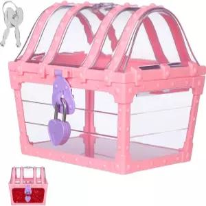 토이비안 로즈 주얼리 박스 소녀 잠금 보물 상자 모양 보관 케이스 용기 장신구 선물 헤어 클립 (핑크