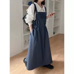 [공구우먼] 이브린 논페이드 스트링 데님 멜빵 롱 원피스 86207 빅사이즈 여성의류