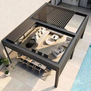 현대식 바이오클라이매틱 모터라이즈드 퍼골라 | 스마트 루버 지붕 개폐식 가제보