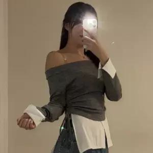 여자 오프숄더 리본 셔링 레이어드셔츠 배색 티셔츠