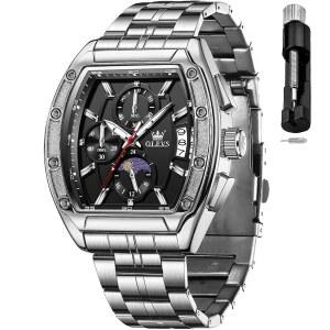 OLEVS 남성용 아날로그 쿼츠 크로노그래프 사각 드레스 시계 스테인리스 스틸 또는 가죽 밴드 방수 야광 데이트