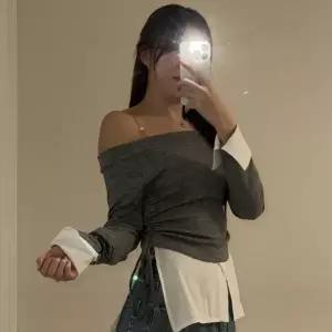 여자 오프숄더 리본 셔링 레이어드셔츠 배색 티셔츠