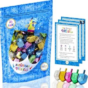 드레이델 컴퍼니 하누카 메탈릭 멀티 컬러 드레이델(영어 번역 스피닝 탑 포함) 게임 지침 카드(25팩) 포함