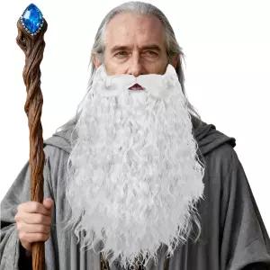 산타 코스튬을 위한 크랩트 가짜 수염 롱 컬리 화이트 핸들바 콧수염과 함께하는 간달프 코스프레 빗 가위