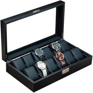 남성/여성용 EXOTUF 시계 보관함 12 슬롯 탄소 섬유 주얼리 케이스와 부드러운 베개 손목 잠금식 손목시계 팔찌 디스플레이 컬렉션 정리함