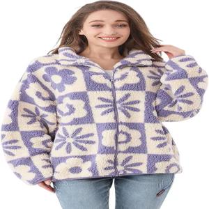 롱타이 여성 플로럴 프린트 셰르파 플리스 재킷 캐주얼 긴팔 아웃웨어 지퍼 크롭 코트 겨울 XS-XL
