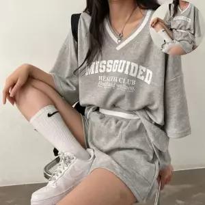 반팔셋업 여성 데일리 루즈핏 반팔 반바지 셋업 브이넥 배색