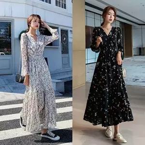 플라워 패턴 브이넥 긴팔 롱 원피스 봄 가을 쉬폰 (KYR-WFH6EBZ)