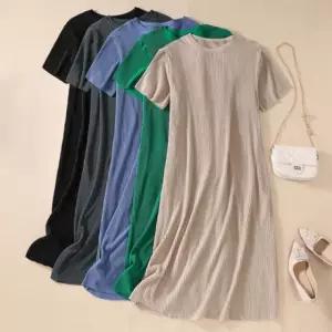 은창]라운드 골지 플리츠 주름 롱 원피스 여름 치마 휴가 비치 비치룩 빅사이즈 루즈핏 퍼프 반팔