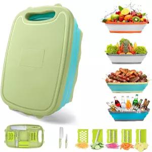 진탄 캠핑 도마 9-in-1 접이식 캠핑용 주방 채소 세척 바구니 선물 용품 RV 캠퍼를 위한 액세서리 (블루