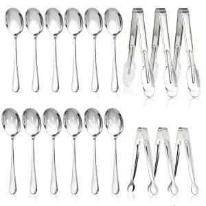숟가락 파티를 서빙 스테인리스 18개 슬롯 음식용 뷔페용 위한 생일 식기 스푼 연회 세트(실버) 집게 mwelwm 큰 스틸