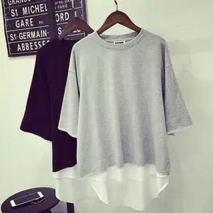 여성티셔츠 레이어드 스타일 와이드핏 7부소매 라운드넥 티셔츠