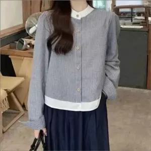 [하프클럽/셀러허브_여성트랜드패션]여자셔츠 스트라이프 차이나넥 긴팔