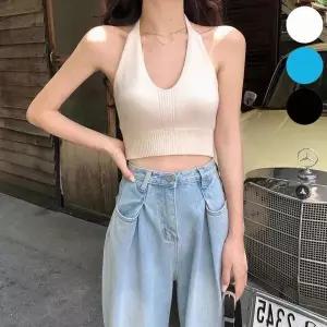 [하프클럽/셀러허브_여성트랜드패션]크롭 휴양지 홀터넥 민소매 끈조절 나